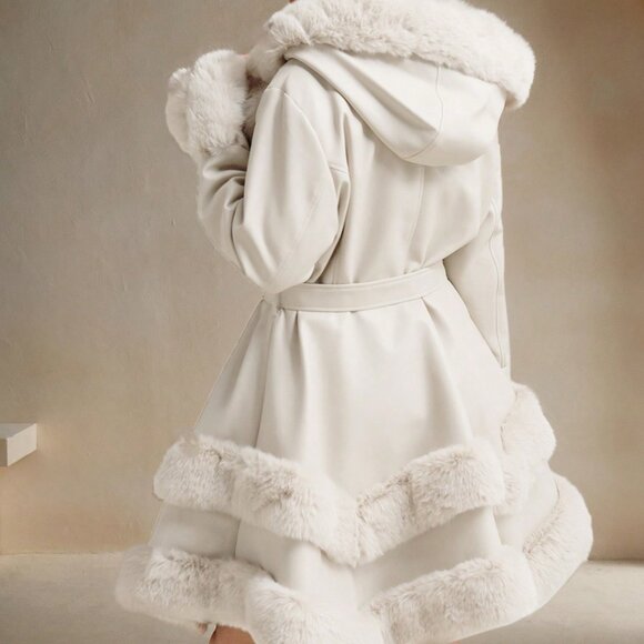 White Elegant Women's Fluffy Plus Size Cinched Waist Jacket - Picture 2 of 7